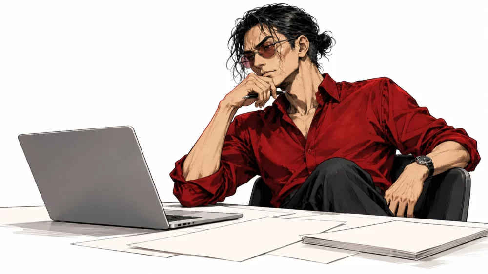 豹がノートPCと書類を前に、使い方を考えるイラスト