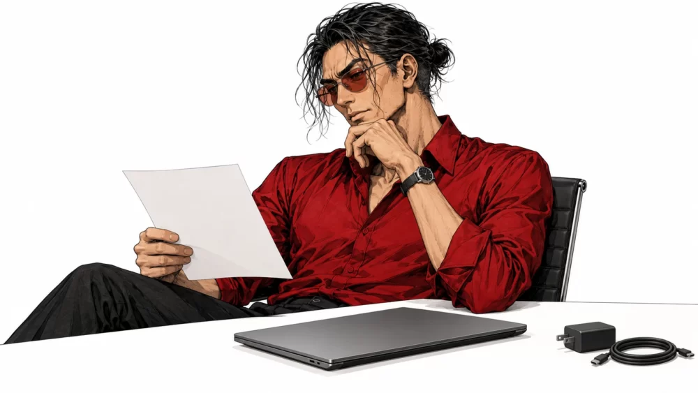 豹がノートPCと電源アダプターを前に、書類を読みながら考えるイラスト