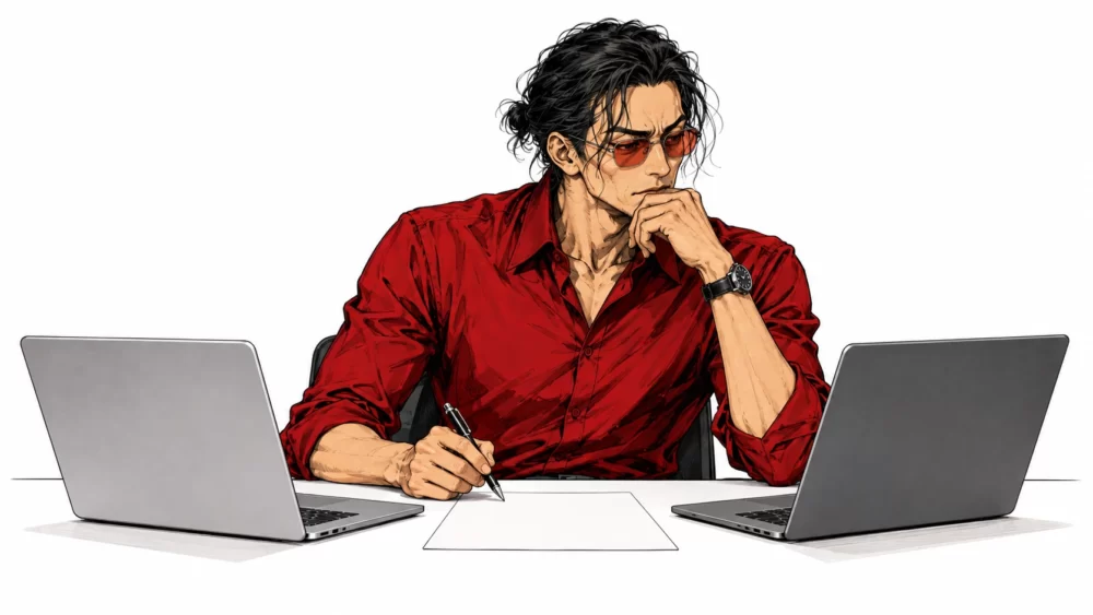 豹が2台のノートPCと確認メモを前に、購入条件を考えるイラスト